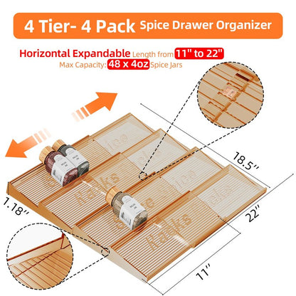 PanPanPal Spice Drawer Organizer, 4 Tier- 4 Pack Amber Acrylic Drawer Seasoning Organizer, Expandable From 11'' to 22'' Kitchen Spice Rack Organizers and Storage for Drawer (Jars not included)