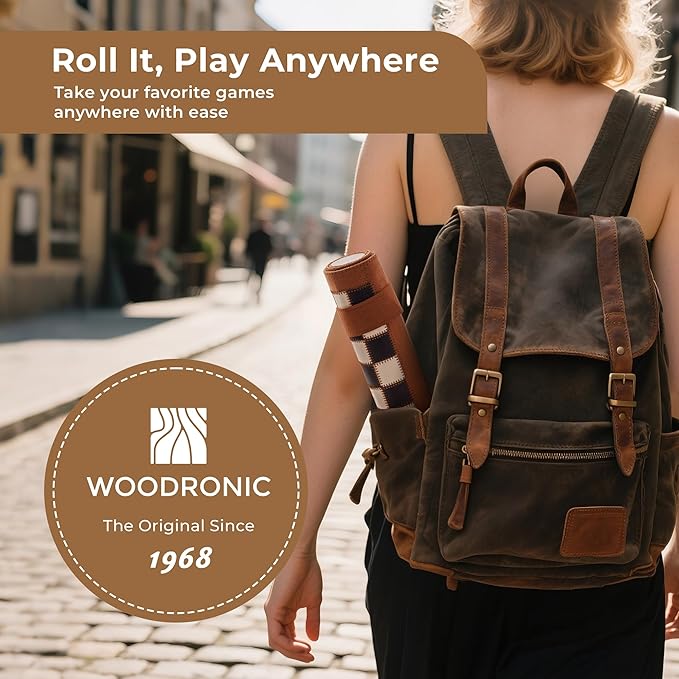 Woodronic 3 in 1 Travel Chess Backgammon Checkers Set Roll-up Leather Backgammon Set with 32 Premium Pearl Pieces and 5 Dices Portable Travel Chess Board Game Set for Adult13x10 Kinch