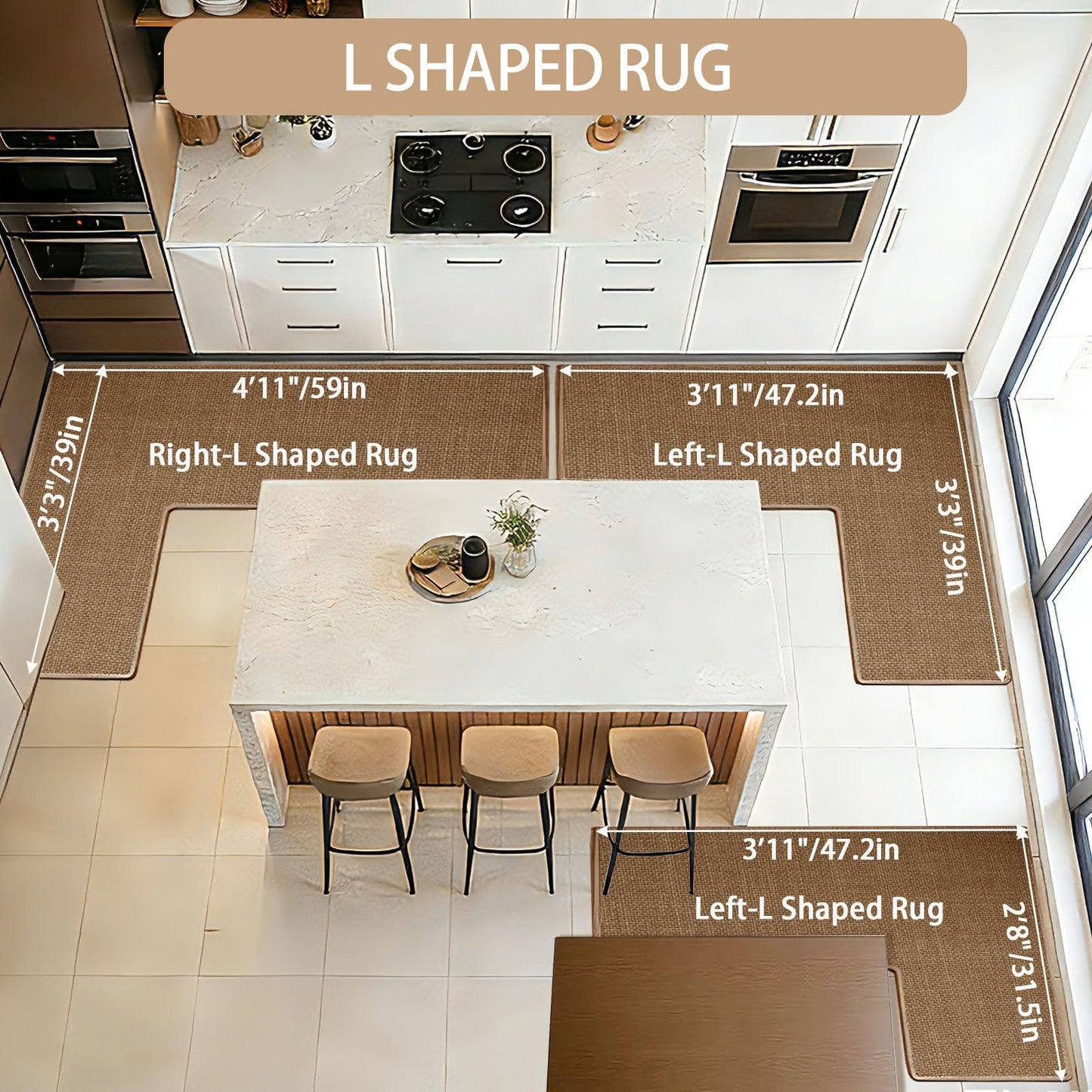 L Shaped Rug Corner Kitchen Rugs Non Slip Washable Mat, L-Shaped Rug Super Absorbent Corner Kitchen Mats Rubber Waterproof Corners Area Runner Kitchen Sink Floor Mat (Khaki Left-L, 31.5″X47.2″X17.7″)