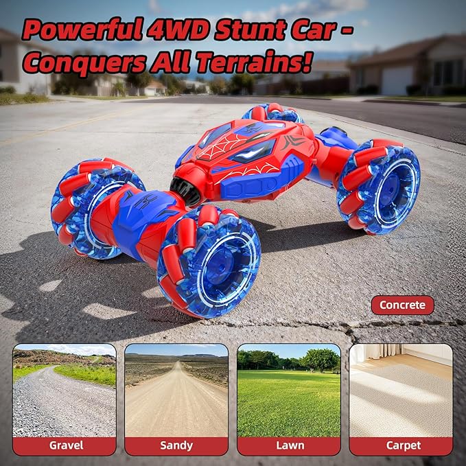 Unique 4WD 360° Rotating Gesture Sensing RC Stunt Car Double‑Sided Driving RC Drift Car with Lights Music &amp Spray Kids Outdoor Cars Toys for Ages 6-12 Gifts for Boys 6-122 Replaceable Batteri
