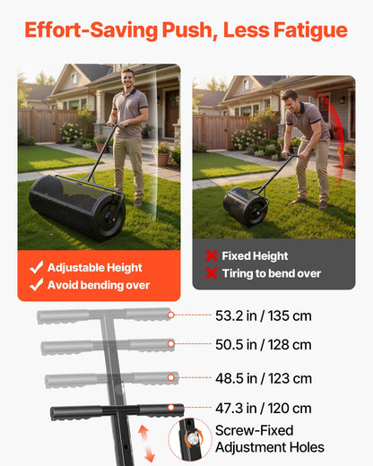 VEVOR Compost Spreader, 44" Wide Peat Moss Spreader with Push/Tow Handle, 4 Heights Adjustable, Powder-Coated Steel Garden Peat Moss Roller, Heavy Duty Grass Seed R