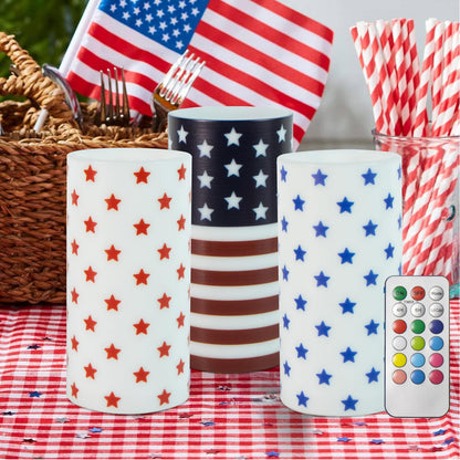 ONEIHOMM 4th of July Candles Battery Operated with Timer Remote Control for American Independence Day Decorations,250th Anniversary USA Patriotic Red White and Blue Candle