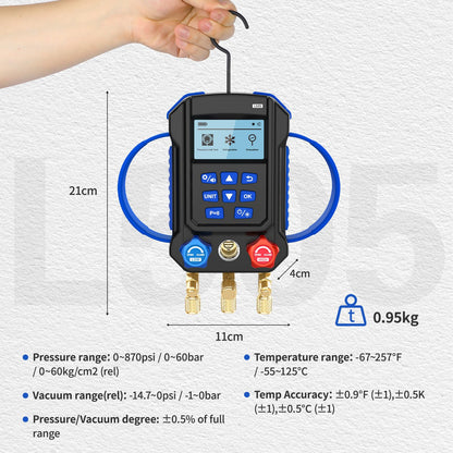 R454B R134A Digital Manifold HVAC Gauge Set,95 Refrigerants Dual Pressure&Temp Test with Temperature Clips and Hoses Vacuum AC Gauges for R1234YF R134A R404A R410A R32
