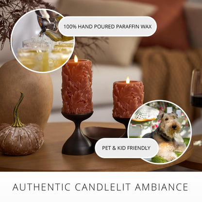 Luminara Flameless Caramel Cafe Embossed Leaves 3.5" x 4.5" Pillar, Battery Operated & Timer Function, Fall Decorations Indoor Candle Moving Flickering Flame LED Light, Remote Ready (Sold Separately)