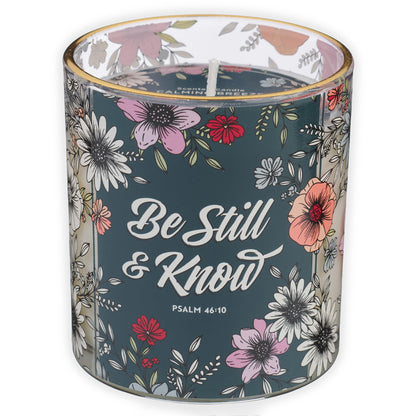 Christian Art Gifts Be Still & Know Scented Candle: Soy Wax, Pure Essential Oils, Calming Breeze Scent, Bible Verse, Floral Design Glass Jar, Encouragement Gift for Women, 40 Hours Burn Time