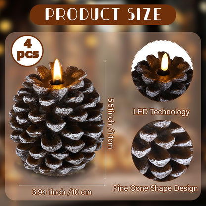 Baquler 4 Pcs LED Pine Cone Candles, Battery Operated, Flameless, Real Wax Pine Cone Candles with LED Flickering for Christmas Party Decoration