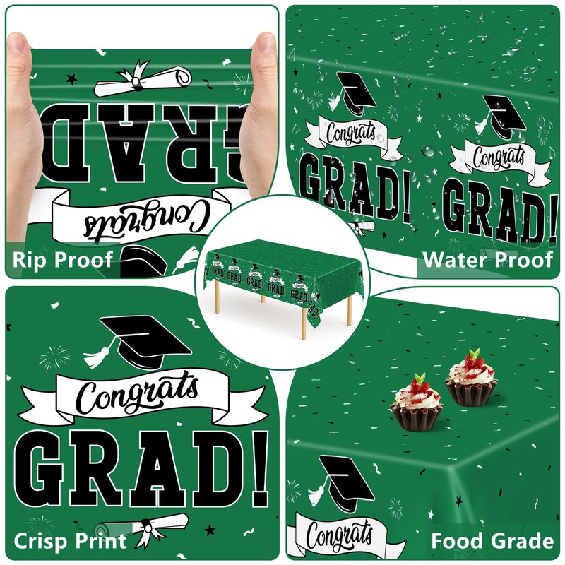 QZYL 2 PCS Graduation Tablecloth, 108" X 54" Green Graduation Table Decorations 2026, Rectangle Table Cloths for Class 2026 Congrats Grad, Disposable Plastic Tablecover for Grad Decor Party Supplies