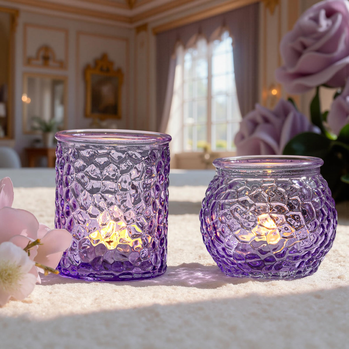 24-Piece Purple Glass Votive Candle Holders Set – Tealight Candle Holder Glass Bulk with 12 Round & 12 Hammered Textured Cups, Purple Votive Candle Holders for Weddings, Parties, Home