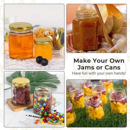 Waymind 6 oz Hexagon Glass Jars with Gold Lids, 30 Pcs Canning Jars for Jam, Honey, Jelly, Candy, Candle, Wedding Favors, Baby Shower Favors, Spice Jars Crafts with Stickers and Pen for Labeling