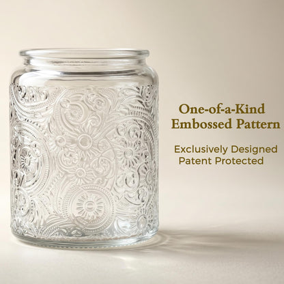 9-Pack 8oz Embossed Glass Candle Container with Bamboo Lids and Labels, Clear Candle Jars for Making Candles, Sun Moon Star Design