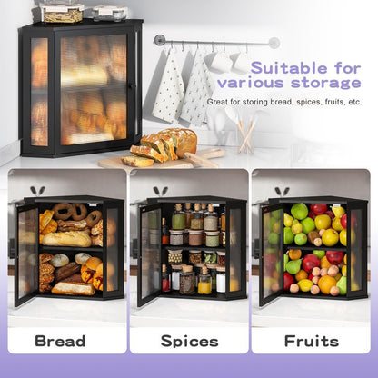 Wieghda Corner Bread box for Kitchen Countertop,Farmhouse Bread Box with Acrylic Wavy Door Panel,Large Bread box for kitchen countertop, Food Storage Container (Black, Extra Large)