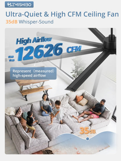 ZMISHIBO 84 Inch Large Ceiling Fan No Light, 8 Aluminum Blades, 6-Speed Remote Control, Industrial Ceiling Fan without Light, Quiet DC Motor, Indoor/Outdoor Ceiling Fans for Patio, Garage, Shop, Black
