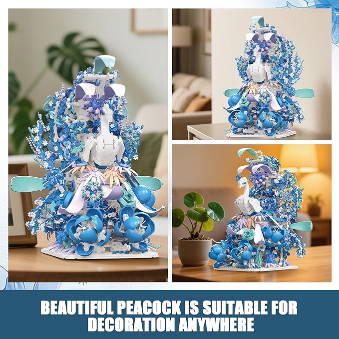 Blue Flowers Peacock Building Set for Adults - Creative Animal Botanicals Peacock Bird Toy Home Office Art Deocr Compatible with Lego for Women Mom (2470 PCS)
