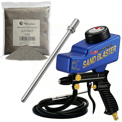 LE LEMATEC Pro Sandblasting Spot-Cleaning Bundle — AS118-2C Sand Blaster Gun + Long Nozzle Attachment + #220 Brown Corundum Media for Precision Restoration, Glass Etching & Wheel Well Detail Work