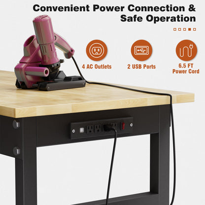 47" Height Adjustable Workbench, 2000 LBS Load Capacity Workstation Desk, Rubber Wood Top Workstation with Power Outlet, Heavy-Duty Hardwood Worktable for Workshop, Garage