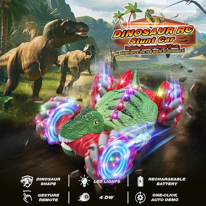 Remote Control CarDinosaur Toys car for Kids2.4GHz LED Gesture Sensing RC Car4WD Rotation RC Stunt Car with Lights and MusicDino Toys for Kids Ages 3 4 5 6 7 Gifts for Boys Girls(Red)