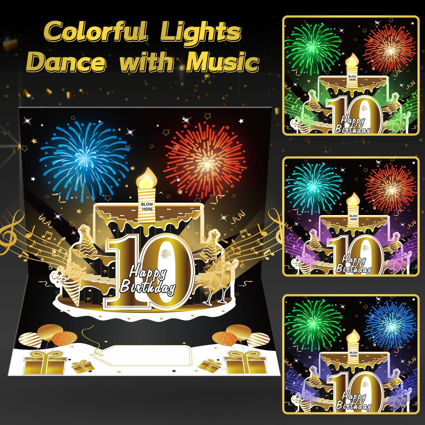 Turypaty 10th Birthday Cards Pop Up 3D Cake - Firework & Music & Blow Out Candle Light Funny Happy 10 Black Gold Birthday Card Gifts Party Decor for Kids, Boys, Girls, Son, Daughter, Grandson