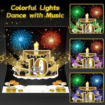 Turypaty 10th Birthday Cards Pop Up 3D Cake - Firework & Music & Blow Out Candle Light Funny Happy 10 Black Gold Birthday Card Gifts Party Decor for Kids, Boys, Girls, Son, Daughter, Grandson