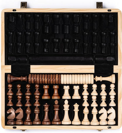 A&ampA 15 Magnetic Wooden Chess Set/Folding Board / 3 King Height German Knight Staunton Chess Pieces/Mahogany &amp Maple Inlaid /2 Extra Queen