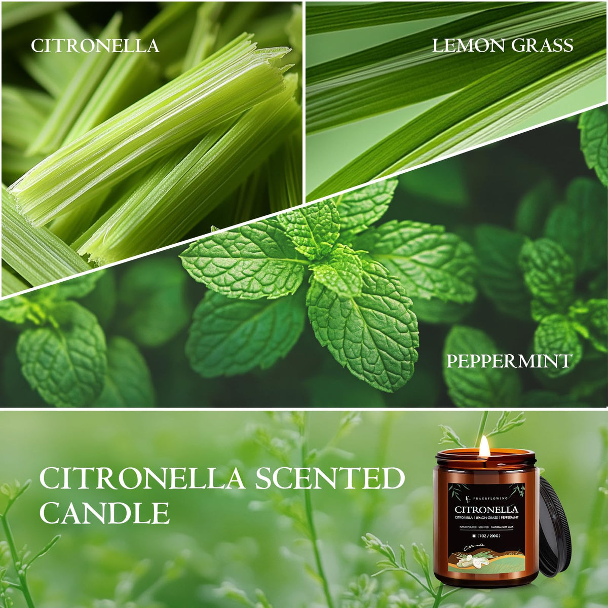 Citronella Candle, Indoor Outdoor Lemongrass Scented Candle，Natural Soy Wax Jar Candle, 50-Hour Burn Time, 7 oz