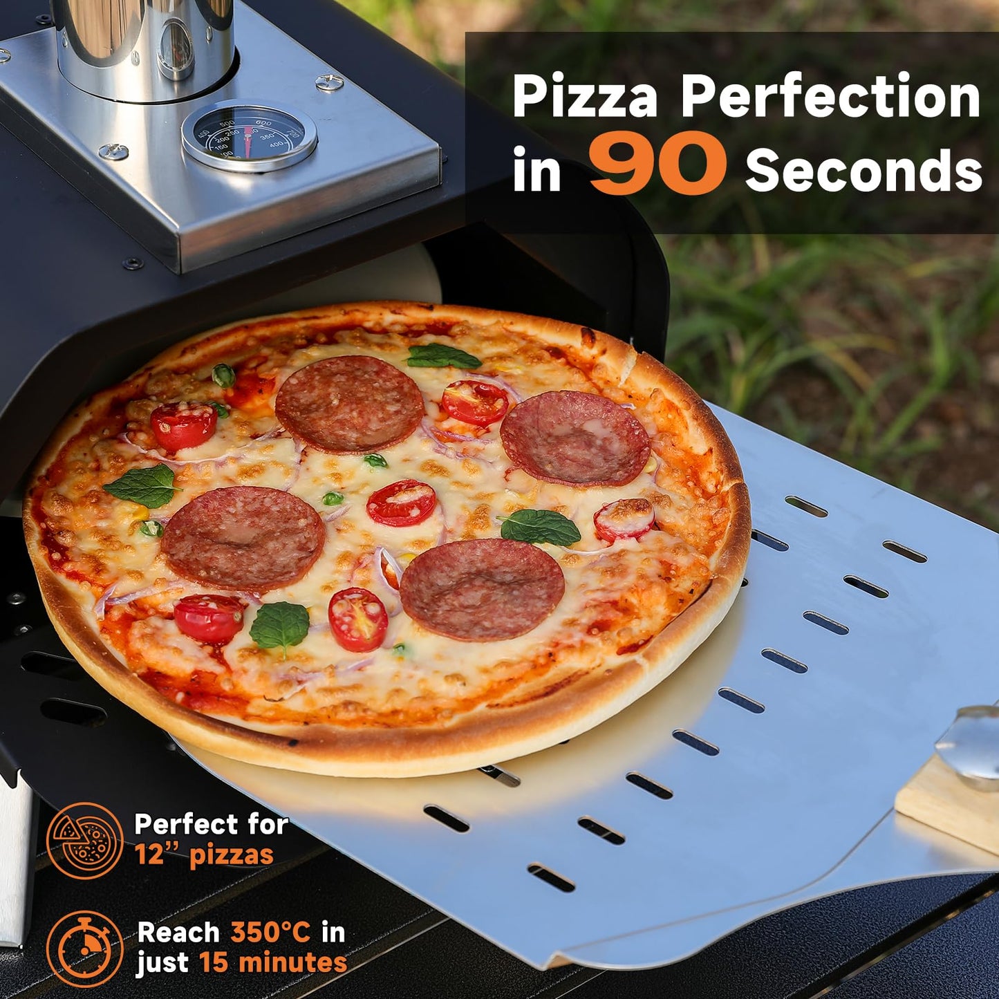 SizzleDelite Outdoor Pizza Oven Wood Pellet 12" Round Pizza Stone, Portable Wood Fired with Built-in Thermometer Pizza Stove, Stainless Steel Pizza Maker for Outside, Backyard, Camping - Black