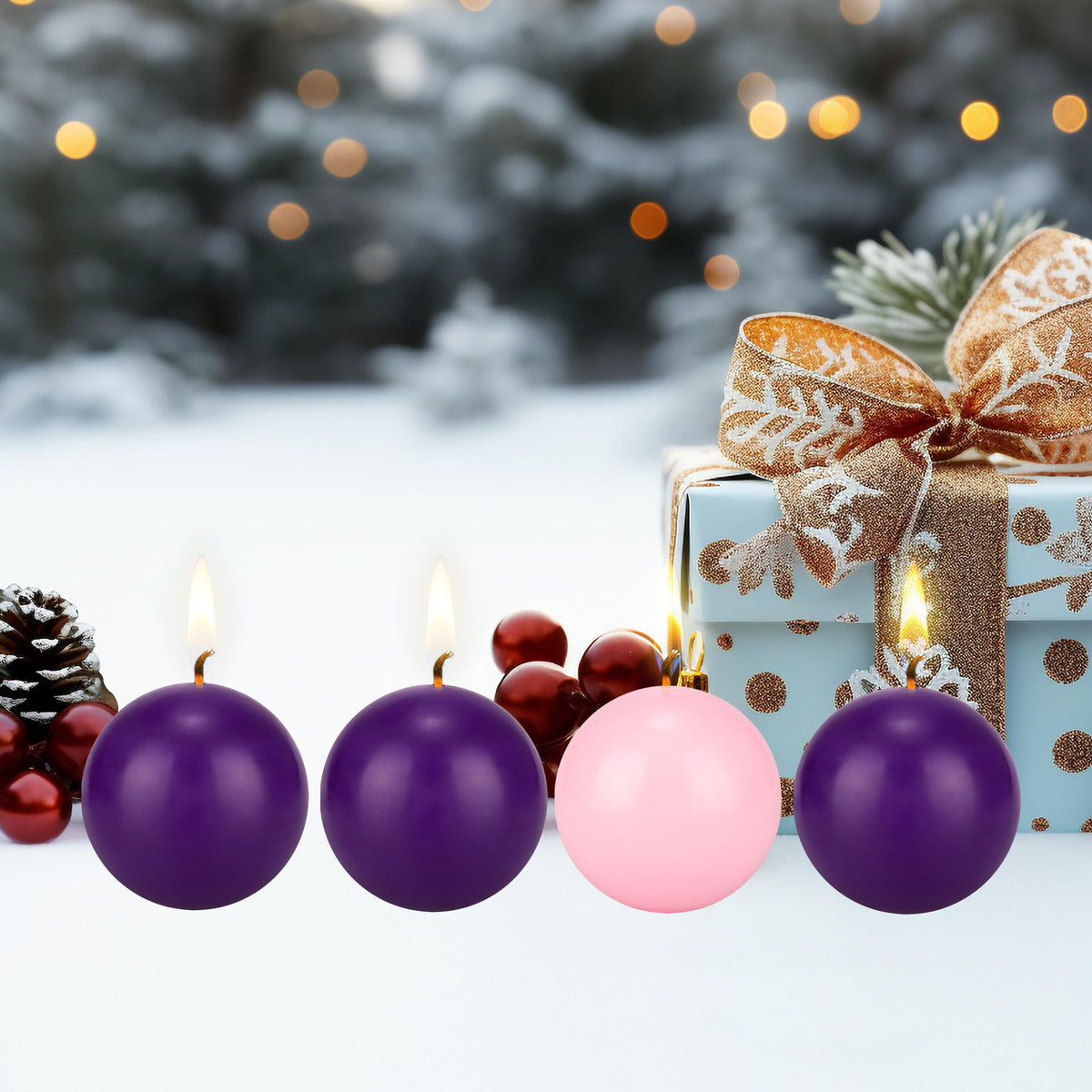 Mega Candles 4 pcs Unscented Christmas Advent Candles Set, Hand Poured Premium Wax Round Ball Candle 3 Inch Diameter, Holidays, Festivities, Devotional, Church, Wreath, Party, Gifts