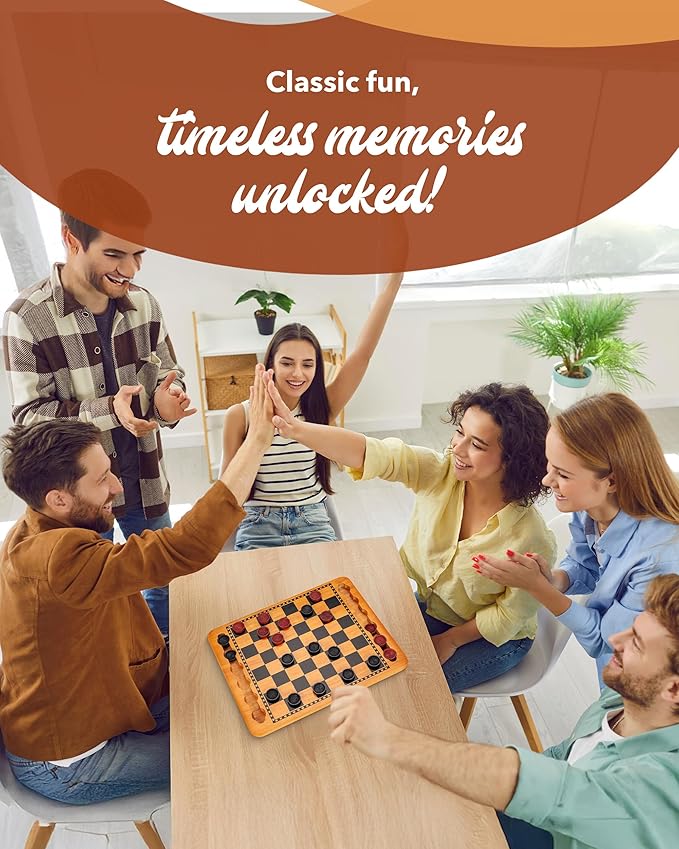 WE Games Solid Wood Checkers Board Game – 14.5-Inch Vintage Checkers Set with Inset Grooves &amp 24 Red &amp Black Board Game Pieces – Fun Family Table Game