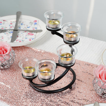 Kolnlala 1PC Clear Chunky 5 Cups Metal Tea Light Candle Holders for Table Centerpiece, Glass Votive Tealight Holders/Candelabra Candlestick Holders for Wedding,Party, Anniversary,Christmas(Black)