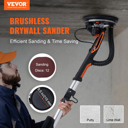 VEVOR Drywall Sander, 800W Brushless Motor Electric Sander, Variable Speed 1000-2300 RPM, Foldable Ceiling Sander with Double-Deck LED Lights, Extendable Handle, 12 Sanding Discs