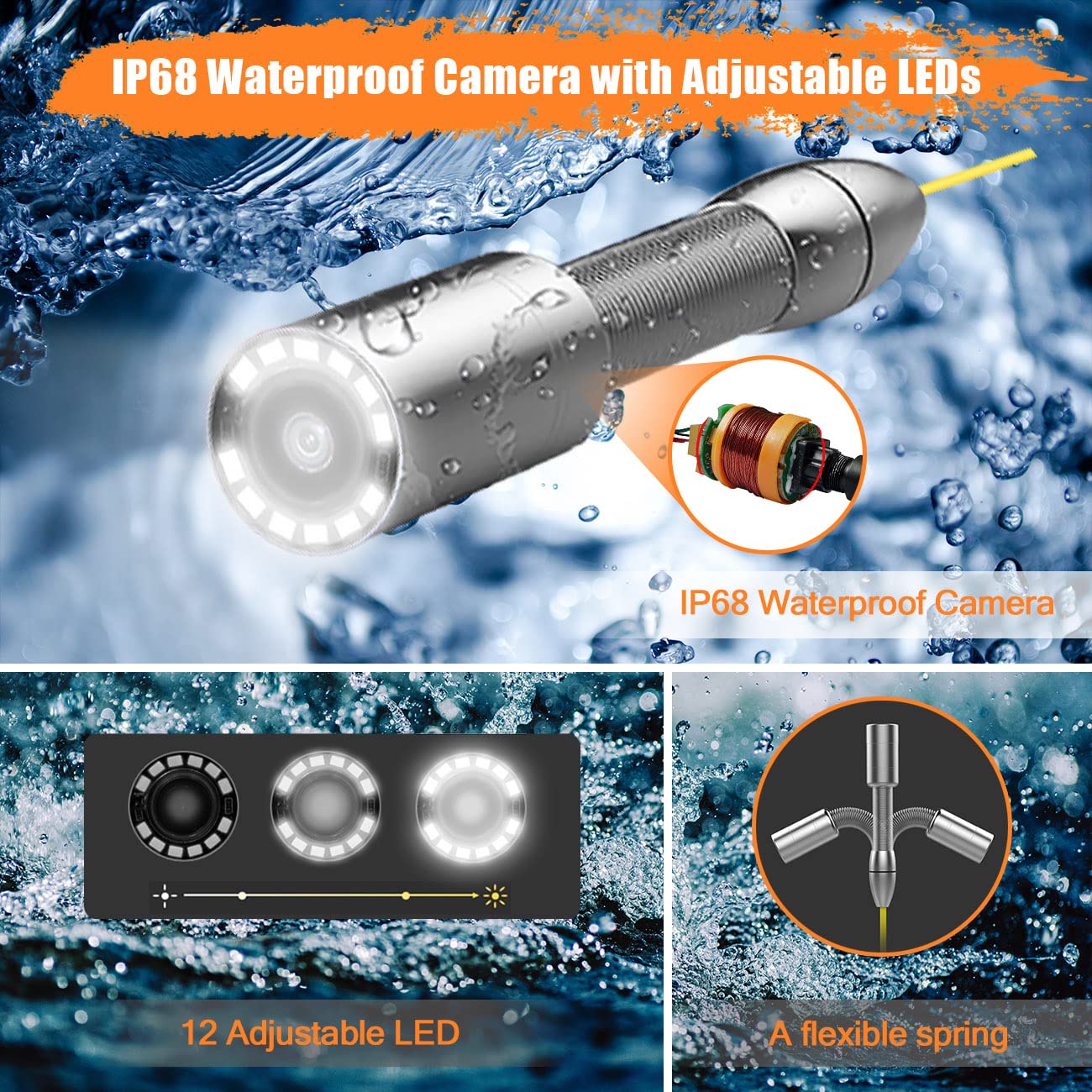 Anysun Sewer Camera with Locator, Pipe Camera with 512Hz Sonde Transmitter and Receiver, IP68 Waterproof Industrial Plumbing Endoscope Drain Snake Cam with 7" LCD Monitor, 8G SD Card (100Ft/30M Cable)