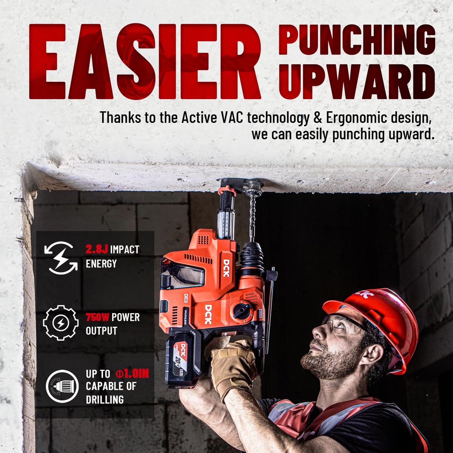 DCK 20V Cordless Rotary Hammer with Dust Collector, 15 in³ Dust Collection Box, 5-Inch Stroke, 2.8J Impact Energy, Brushless SDS Plus Hammer Drill with 6Ah Battery 4A Charger 4 Drill Bits 2 Chisels