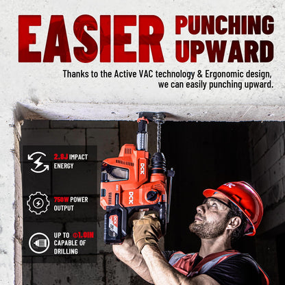 DCK 20V Cordless Rotary Hammer with Dust Collector, 15 in³ Dust Collection Box, 5-Inch Stroke, 2.8J Impact Energy, Brushless SDS Plus Hammer Drill with 6Ah Battery 4A Charger 4 Drill Bits 2 Chisels