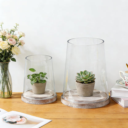 6" Wide Glass Hurricane Candle Holders with Handmade Sturdy Glass Sleeves and Distressed Brown Wood Base for Pillar Candle & Plants, Industrial, Farmhouse, Display Cloche Bell Jars, Table Centerpiece