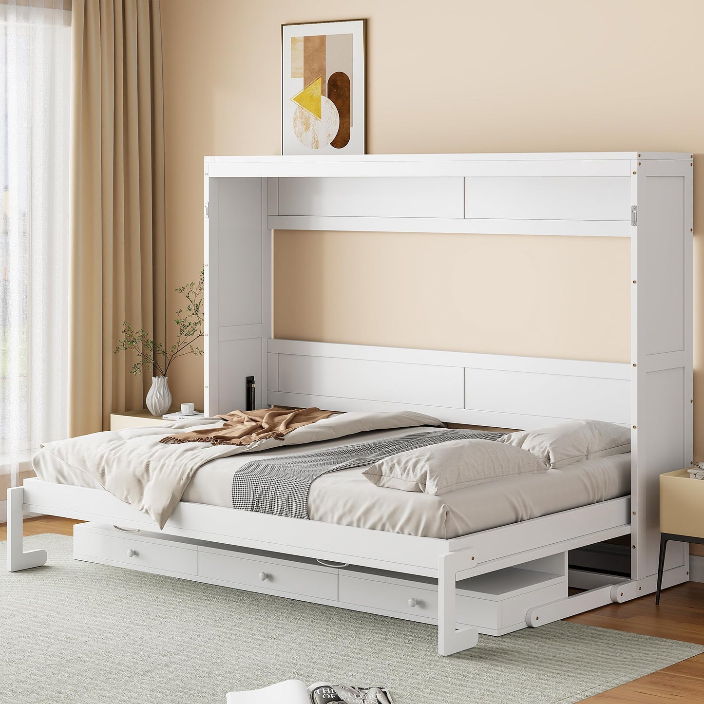 DNYN Murphy Bed with Vanity Desk and Center Mirror for Bedroom/Guest Room, Space-Saving Queen Size Foldable Wall Bed Frame with 2 Side Storage Drawers, No Box Spring Needed