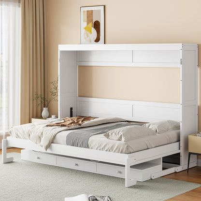 DNYN Murphy Bed with Vanity Desk and Center Mirror for Bedroom/Guest Room, Space-Saving Queen Size Foldable Wall Bed Frame with 2 Side Storage Drawers, No Box Spring Needed