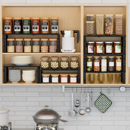 Wobmmi Expandable Spice Rack Kitchen Cabinet Shelf Organizer, Stackable Storage Shelves Racks, Adjustable Counter Shelving for Cabinets, Countertop, Cupboard,Pantry and More(2Packs/Black/Large)