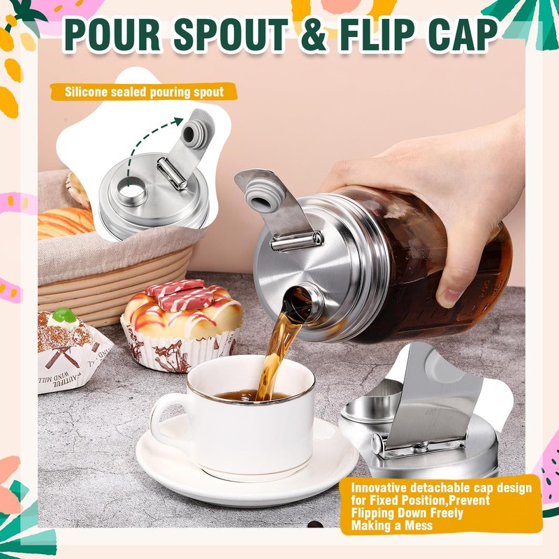 Baderke 4 Pcs Stainless Steel Mason Jar Pour Spout Lid for Wide Mouth Mason Jars, Rust Proof Leak Proof Seal Cover fit Home Tea, Milk, Juice Drinks Airtight Turns your Container into Pitcher