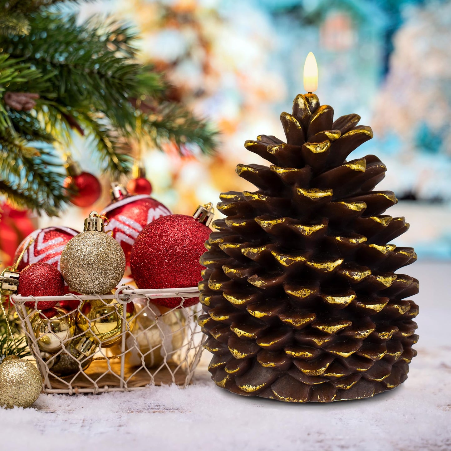 Yongmao Large Pine Cone Flickering Flameless Candles with Timer, Battery Operated Real Wax LED Candles for Christmas Home Party Decoration, Brown