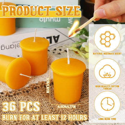 36 Pack Votive Candles 15 Hour Burn Time Pure Beeswax Tealight Candles Bulk Smokeless Bees Wax Votive Candle Unscented Bees Wax Candle for Home Room Table Centerpiece Wedding Party Spa Gift