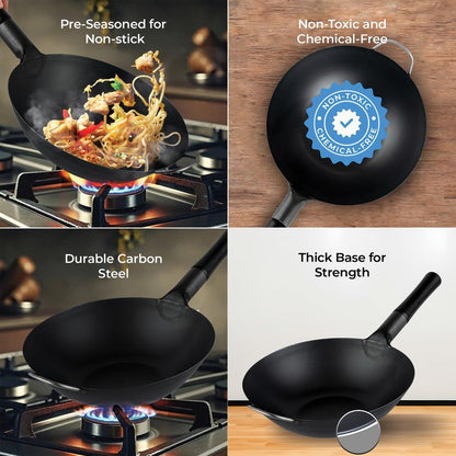 Restaurantware Carbon Steel Wok 1 Pack of 14 Inch Heavy-Duty Uniform Heat Distribution Pan Induction Compatible Round Bottom Wok Welded Handle Black For Gas Stovetops And Grills