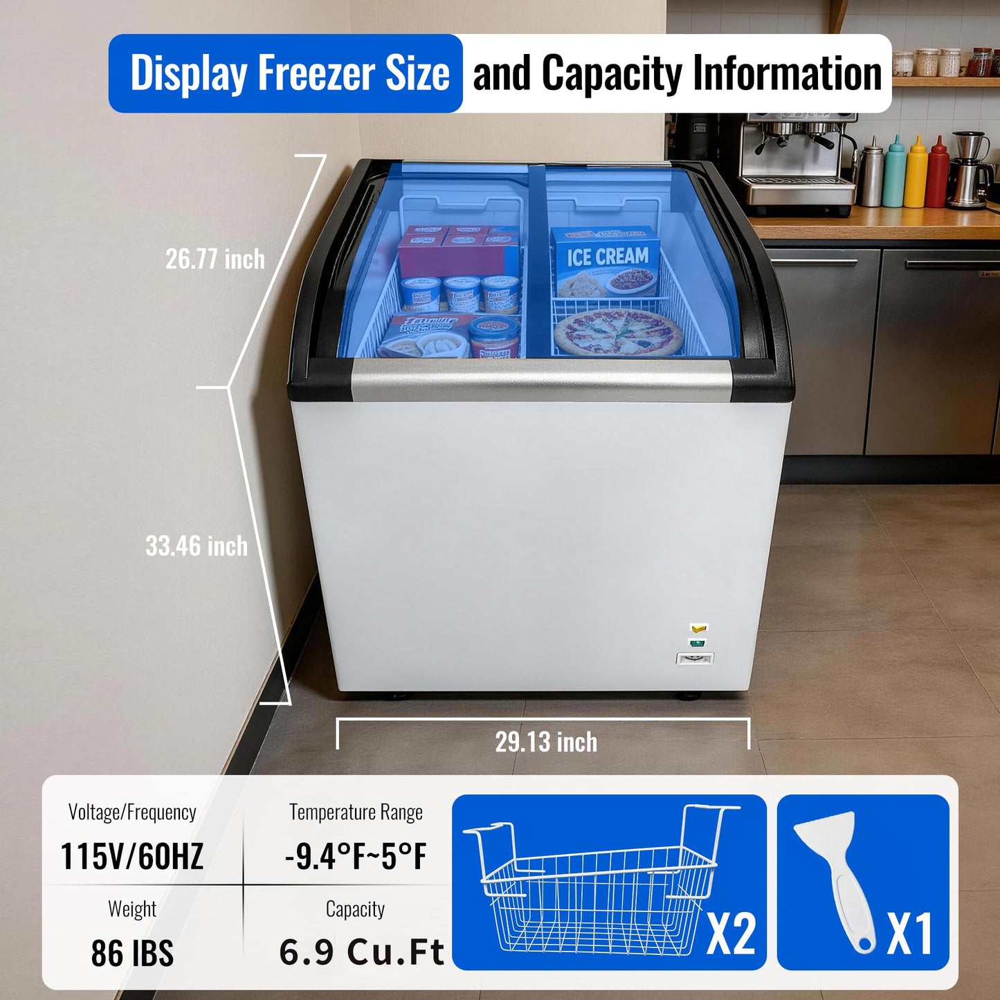 6.9 Cu.Ft Commercial Ice Cream Freezer,29" Ice Cream Display Freezer,ETL NSF Certified,Chest Freezers with LED Light and 2 Removable Baskets,Lockable Wheels,Sliding Door for Store Supermaket,White