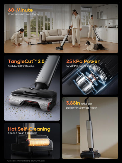 DREAME Aero Pro Wet Dry Vacuum Mop, Ultra-Slim with Hot Self-Cleaning/Self-Drying, 0 Hair Tangle Great for Pet Owner, Powerful Wet Dry Vacuum with 60min Runtime, Pick-up & Mop at The Same Time