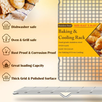 2PCS Cooling Racks for Cooking and Baking -11.65''x16.85''Heavy Duty Stainless Steel Wire Rack for Baking, Grilling, Roasting - Oven & Dishwasher Safe - Fits Half Sheet Pan（Silver）