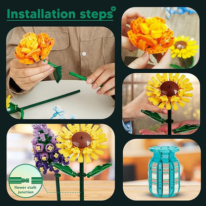 Flowers Bouquet Toys Building Blocks Set with Vase Roses Sunflower Hyacinth Hydrangea Artificial Plants for Adults Teen Girls Home Office Decor- 1853pcs