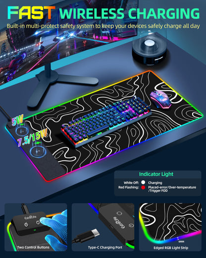 Wireless Charging Mouse Pad, RGB Gaming Mousepad, 31.5"x15.7" Extra Large Desk Pad, 13 Light Modes, Ultra-Smooth Surface, Non-Slip Base, Waterproof Computer Keyboard Mat for MacBook, PC, Laptop, Black