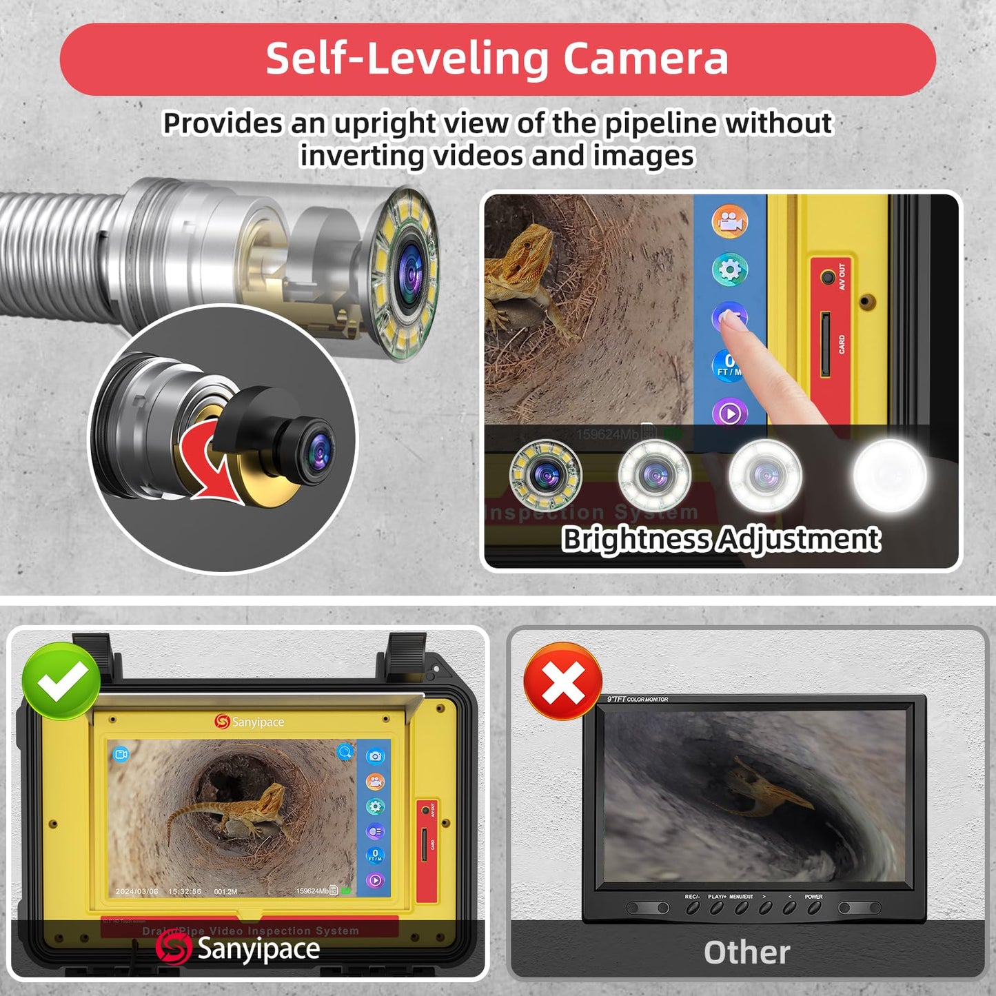 Sanyipace Drain Camera with Locator, Self-Leveling Sewer Camera 100FT/30M, 7MM Cable Pipe Camera with 512Hz Sonde, Distance Counter, Touch Control, Wireless Keyboard, for Plumbing Inspection