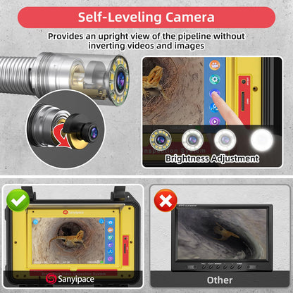 Sanyipace Drain Camera with Locator, Self-Leveling Sewer Camera 100FT/30M, 7MM Cable Pipe Camera with 512Hz Sonde, Distance Counter, Touch Control, Wireless Keyboard, for Plumbing Inspection
