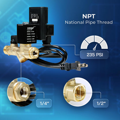 UNOX Electronic Drain Valve for Air Compressor, 1/2" NPT to 1/4" NPT 110/120V AC Automatic Timed Tank Drain Valve with 6 feet US Plug Cable - Max 235 PSI Solenoid Valve Assembled