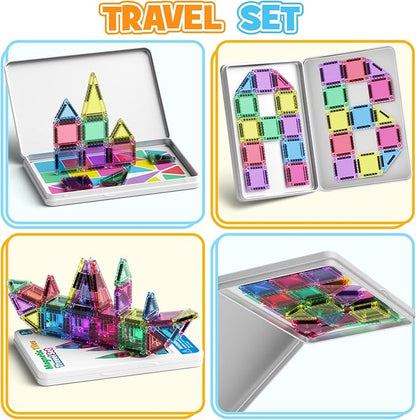 42PCS Mini Magnetic Tiles Travel Set with Iron Storage Box - Portable STEM Building Blocks for Kids 3-8 Montessori Educational Magnet Toys for Airplane Car Rides &amp On-The-Go Play