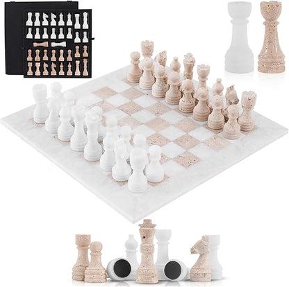 Marble Chess Set 15 Inch Handmade White &amp Travertine Luxury Board Games for Adults Elegant Table top Board Game Travel Chess Pieces &amp Storage Box for Gifts &amp Home Decor